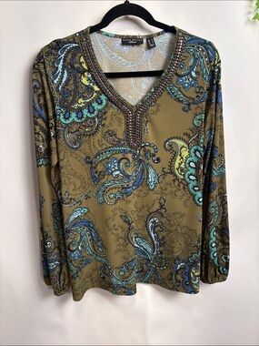 Susan Graver Olive Paisley Long Sleeve V-Neck Top with Beaded Trim